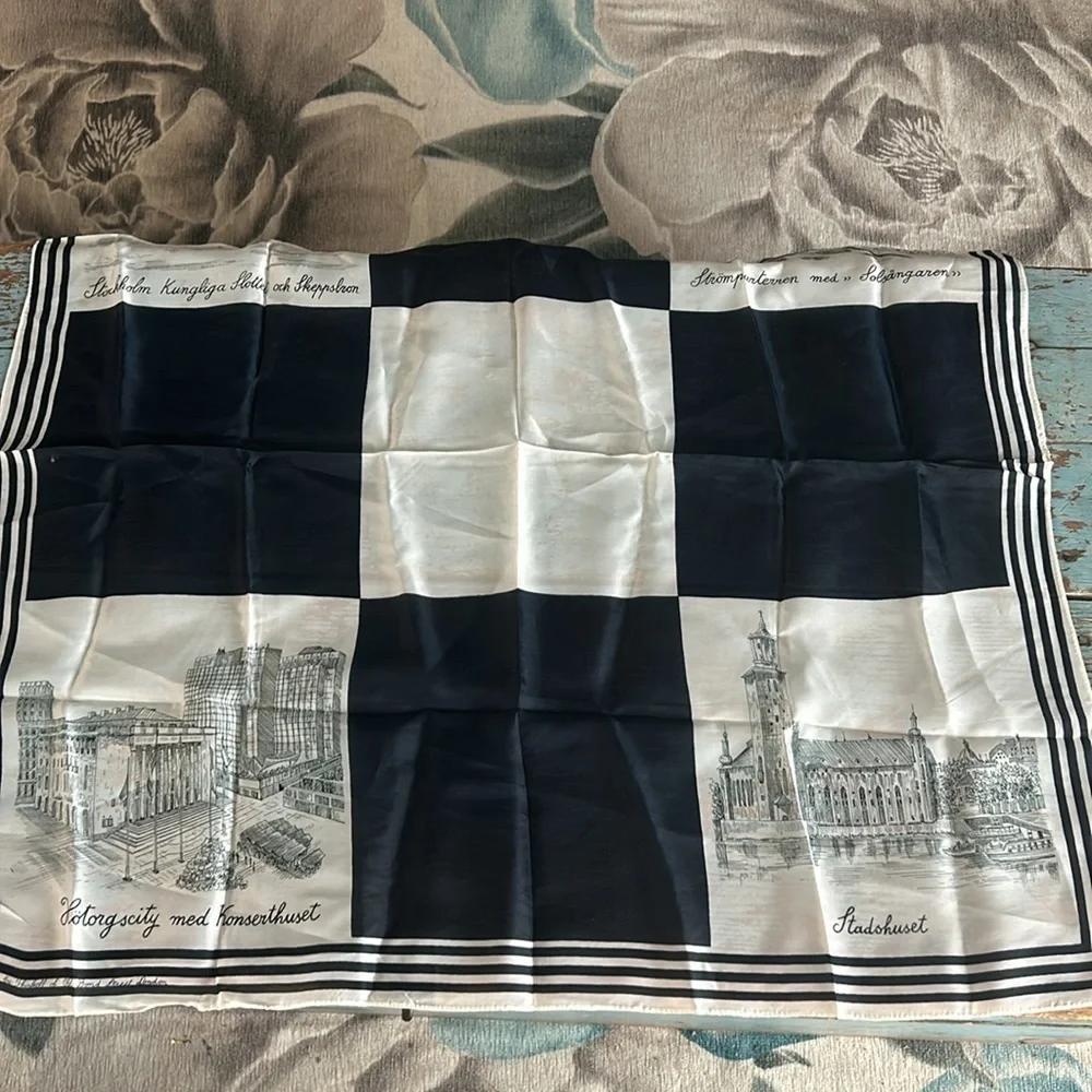 Vintage Stockholm Sweden Souvenir Scarf Hötorgscity Black White Cityscape